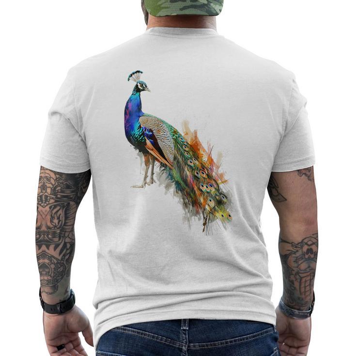 孔雀 動物 カラフル モチーフ 抽象画 孔雀 メンズTシャツ バックプリント