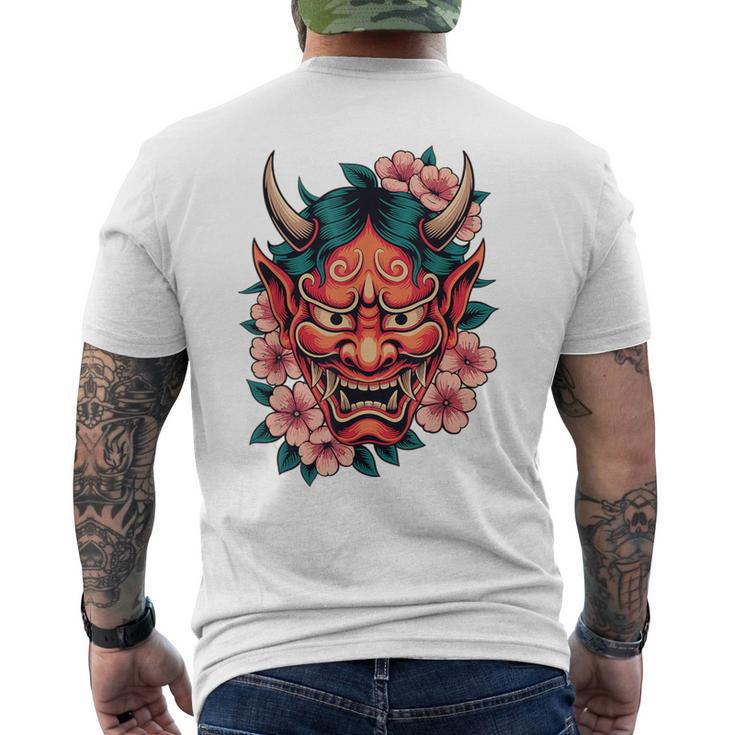 日本の鬼妖怪 悪魔 桜 般若鬼 おに面 メンズTシャツ バックプリント