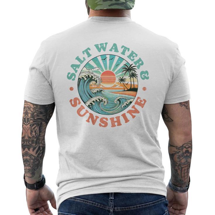 海水と日光 レトロ ビーチ 波 夕日 ヤシの木 メンズTシャツ バックプリント
