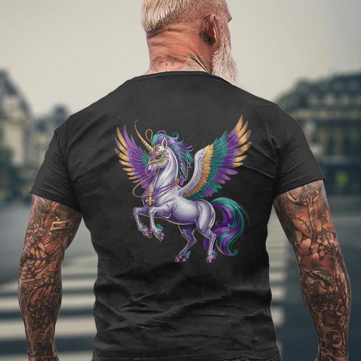Happy Mardi Gras ユニコーンマスク ニューオーリンズフェスティバル メンズTシャツ バックプリント 高齢者への贈り物
