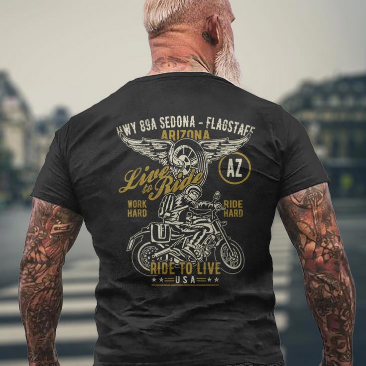 Hwy 89A セドナ フラッグスタッフ Azusa オートバイ アンティーク調デザイン メンズTシャツ バックプリント 高齢者への贈り物