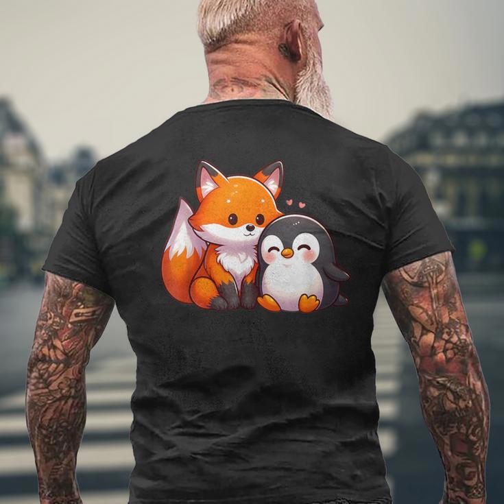 かわいいキツネとペンギンのデザイン メンズTシャツ バックプリント 高齢者への贈り物