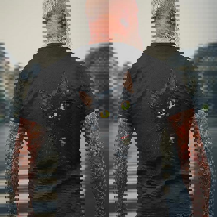 こっそり猫 物陰からじっと見つめる黒猫デザイン 長袖tシャツ メンズTシャツ バックプリント 高齢者への贈り物