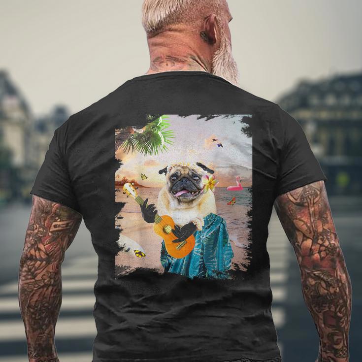 アロハ ハワイアン 犬 パグ ウクレレ ビーチ ファニー メンズTシャツ バックプリント 高齢者への贈り物