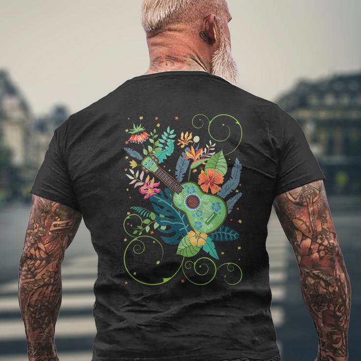 ウクレレミュージックフラワーズハワイ メンズTシャツ バックプリント 高齢者への贈り物