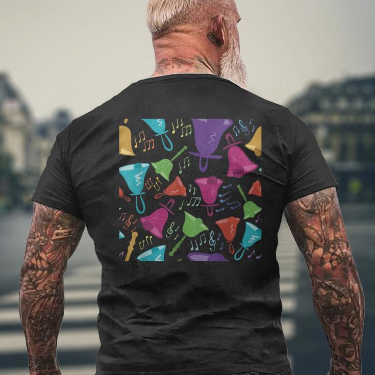 カラフルなハンドベルとメモ柄。 メンズTシャツ バックプリント 高齢者への贈り物