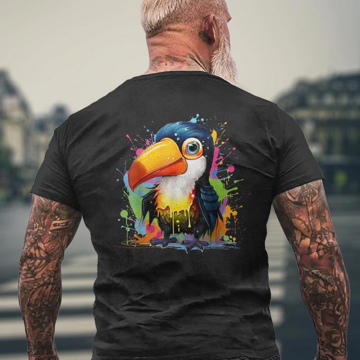 カラフルなペンキの飛沫を持つ小さなオオハシ メンズTシャツ バックプリント 高齢者への贈り物