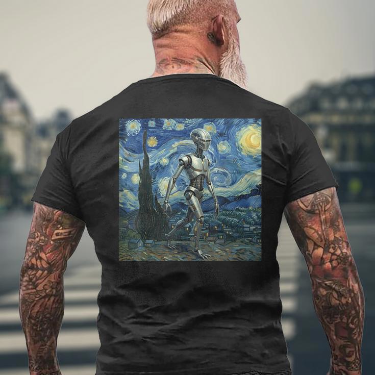 ゴッホ 星月夜 未来アート 面白い ロボット ウォーキング メンズTシャツ バックプリント 高齢者への贈り物