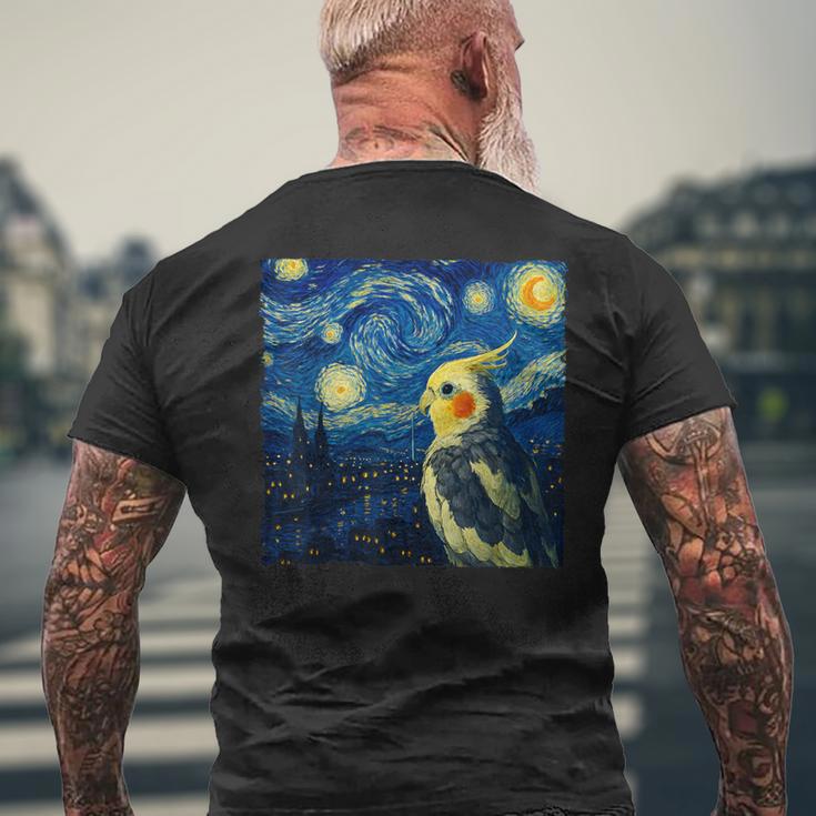 ゴッホの星空を見つめるかわいいオカメインコ 星月夜 メンズTシャツ バックプリント 高齢者への贈り物