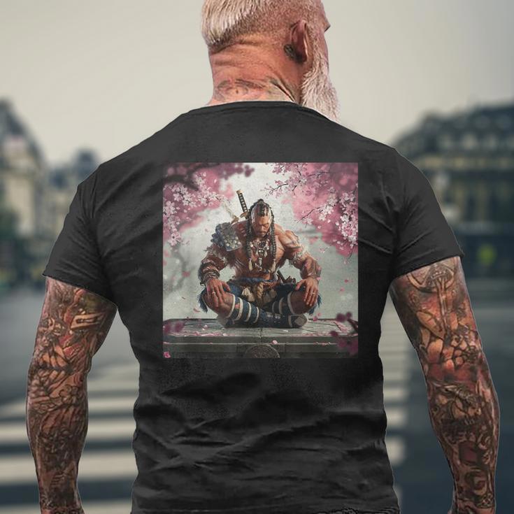 サムライ アフロ アフリカ 瞑想 桜の下 メンズTシャツ バックプリント 高齢者への贈り物