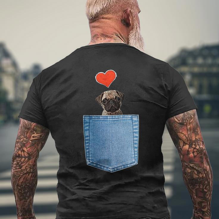 ジーンズポケット付きシャツ パグ犬とハート犬のモチーフ メンズTシャツ バックプリント 高齢者への贈り物