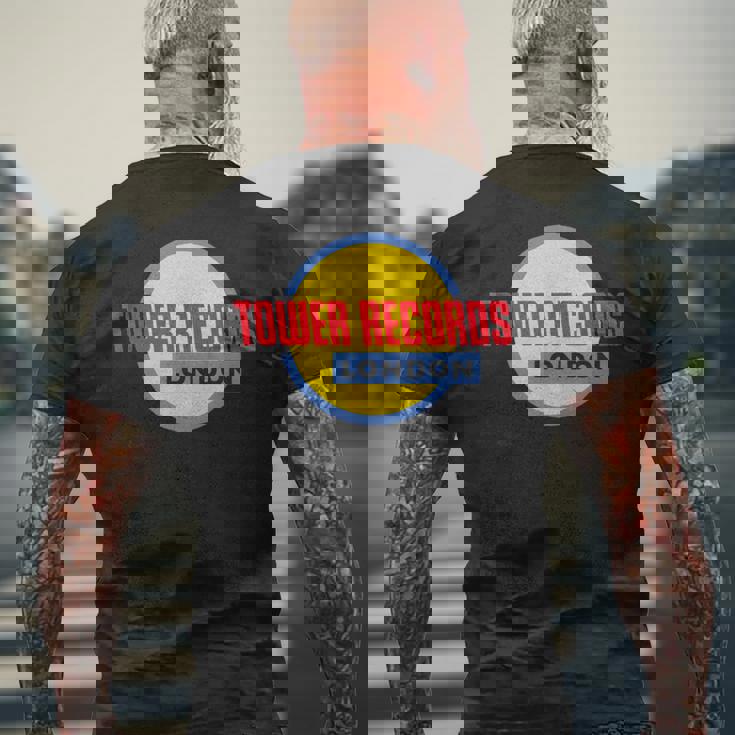 タワーレコード ロンドン 音楽 レトロ ヴィンテージ メンズTシャツ バックプリント 高齢者への贈り物