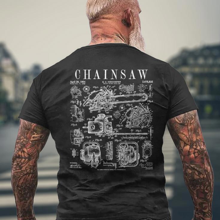 チェーンソー 木こり アーボリスト 木工士 ヴィンテージ 特許プリント メンズTシャツ バックプリント 高齢者への贈り物