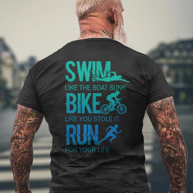 トライアスロン ギフト 水泳 バイク ラン トライアスレット トレーニング アスリート メンズTシャツ バックプリント 高齢者への贈り物
