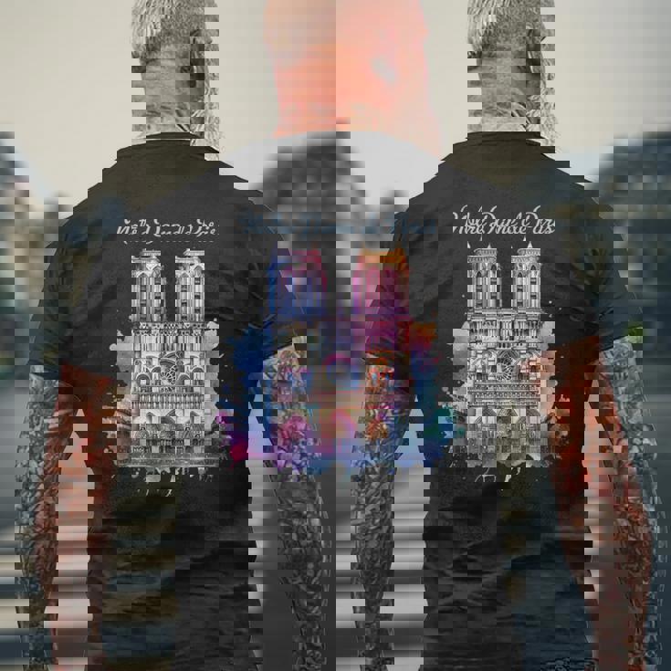 ノートルダム大聖堂 水彩画 メンズTシャツ バックプリント 高齢者への贈り物