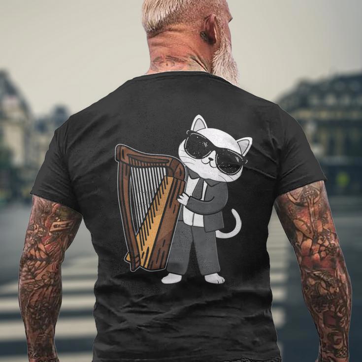 ハープを演奏する猫 音楽愛好家 音楽プレーヤー エキスパート ミュージシャン メンズTシャツ バックプリント 高齢者への贈り物