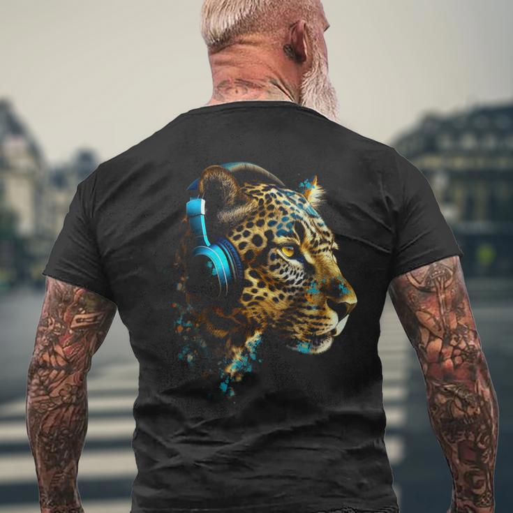 ヒョウ音楽 – 動物愛好家アートヘッドフォン アニマルレオパード メンズTシャツ バックプリント 高齢者への贈り物