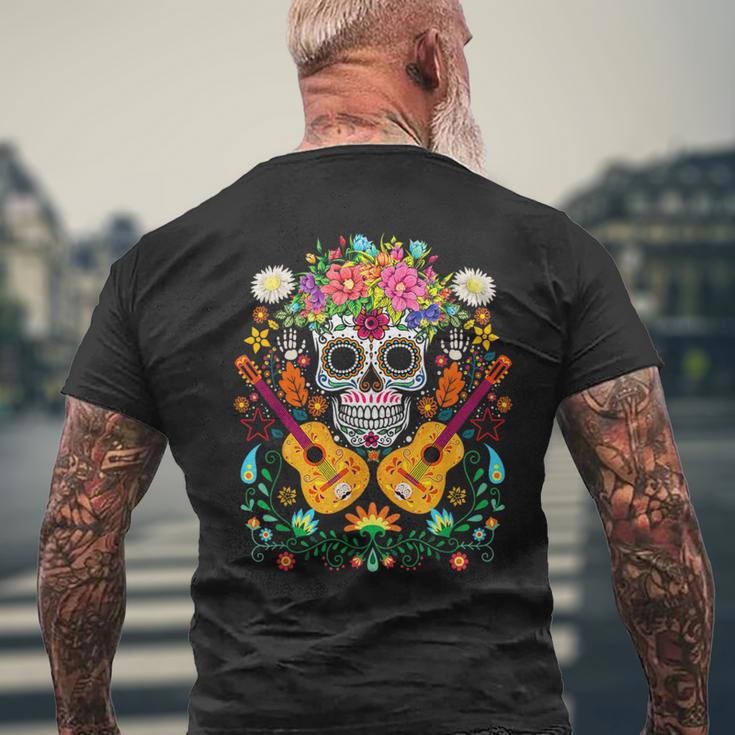フラワーギター スカル デイ・オブ・ザ・デッド マリアッチ デザイン メンズTシャツ バックプリント 高齢者への贈り物