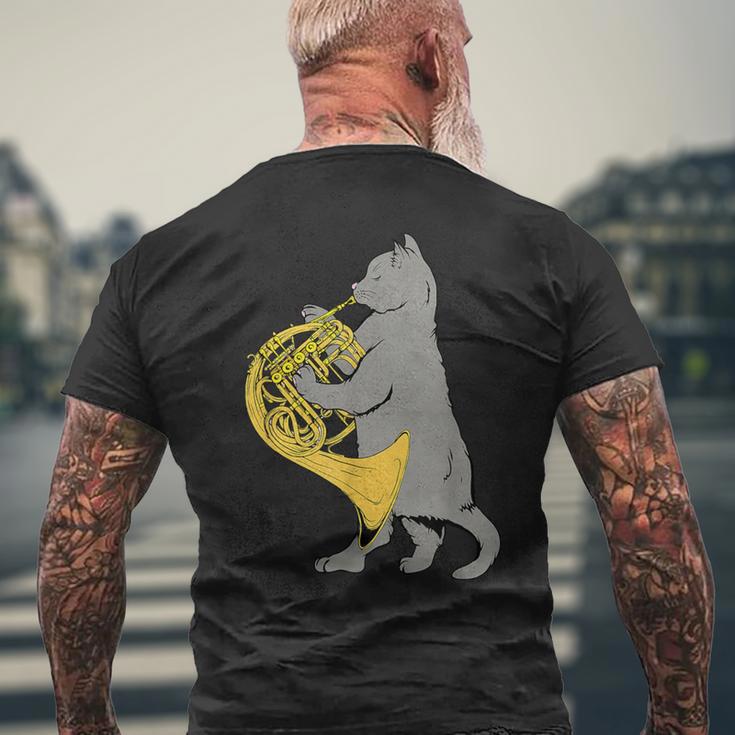 フレンチホルンを弾く猫 クール ミュージシャン オーケストラ メンズTシャツ バックプリント 高齢者への贈り物