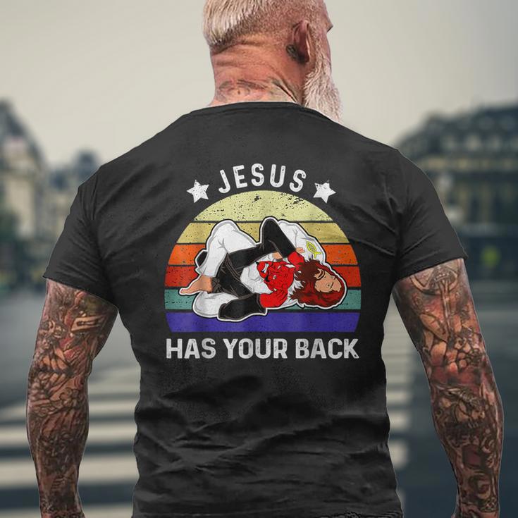 ブラジリアン柔術 Jesus Has Your Back メンズTシャツ バックプリント 高齢者への贈り物