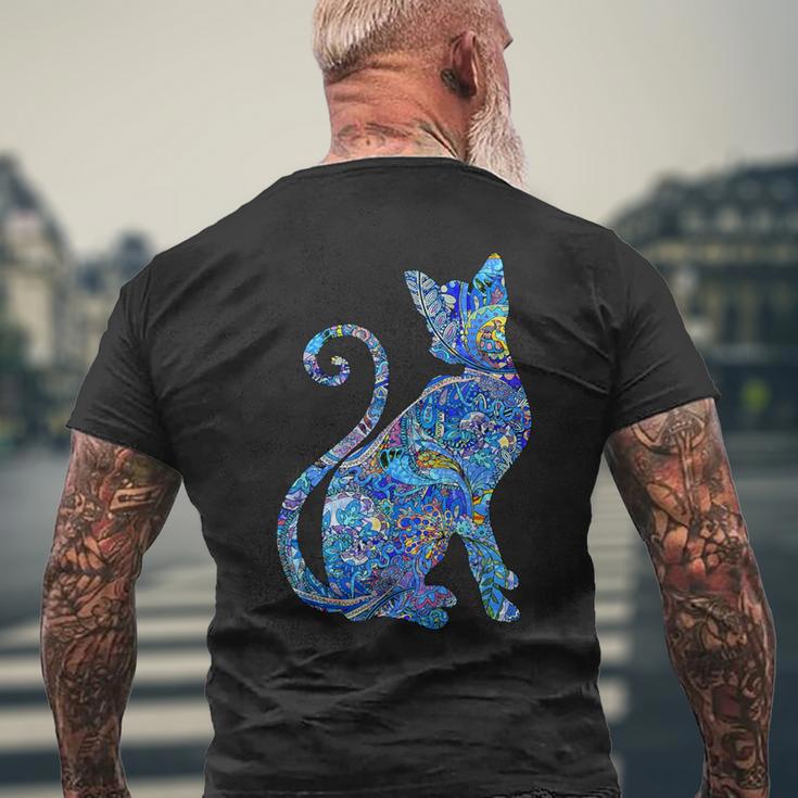 ブルー ペイズリーキャット メンズTシャツ バックプリント 高齢者への贈り物