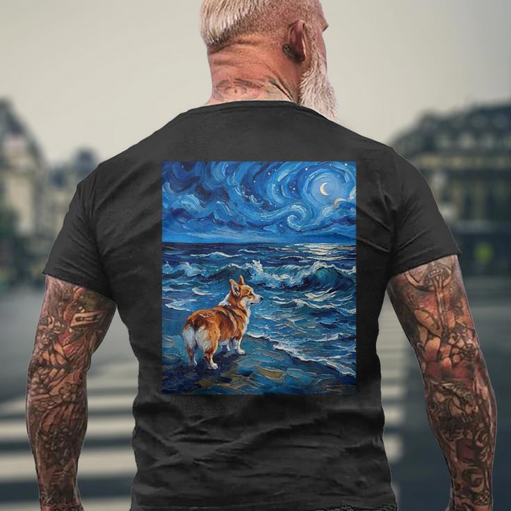 ペンブローク ウェールズ コーギー 犬 星月夜 ビーチ アートワーク メンズTシャツ バックプリント 高齢者への贈り物