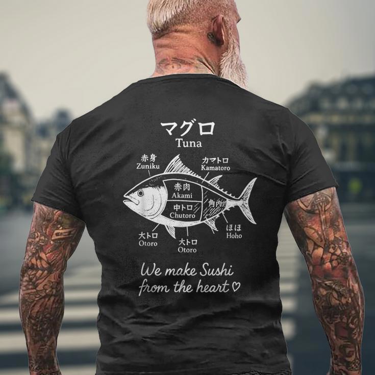 マグロ寿司切り図デザイン 日本料理グラフィック メンズTシャツ バックプリント 高齢者への贈り物