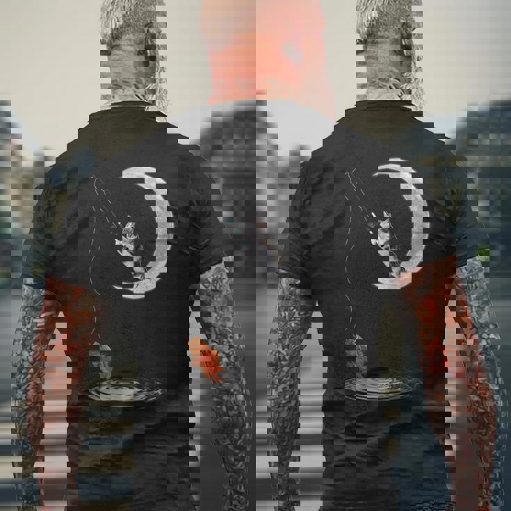 三日月で釣りをする猫 面白い猫愛好家 フィッシャー メンズTシャツ バックプリント 高齢者への贈り物