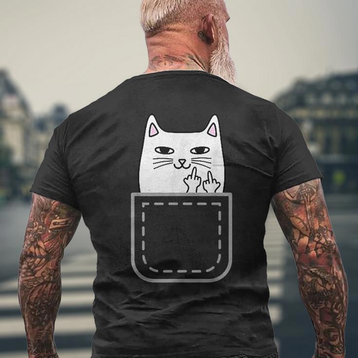 中指 猫 ポケット 面白い 漫画 猫 ホワイト プレミアム メンズTシャツ バックプリント 高齢者への贈り物