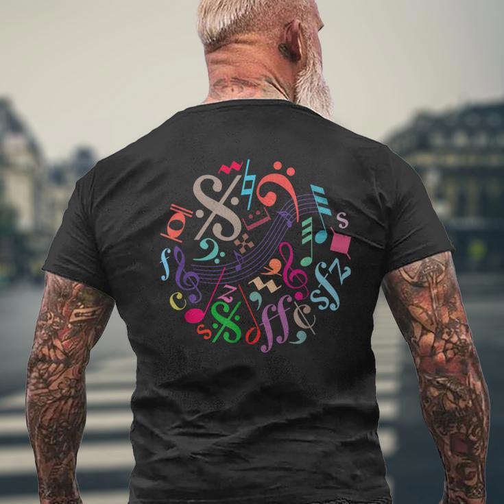 丸い色の音符、記号、サイン、ミュージシャン メンズTシャツ バックプリント 高齢者への贈り物