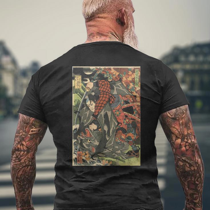 日本の侍アート 木版 宮本 武蔵 巨大コウモリ メンズTシャツ バックプリント 高齢者への贈り物