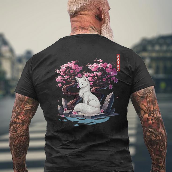 日本キツネ 妖怪 白狐 幽霊 浮世 E さくら メンズTシャツ バックプリント 高齢者への贈り物