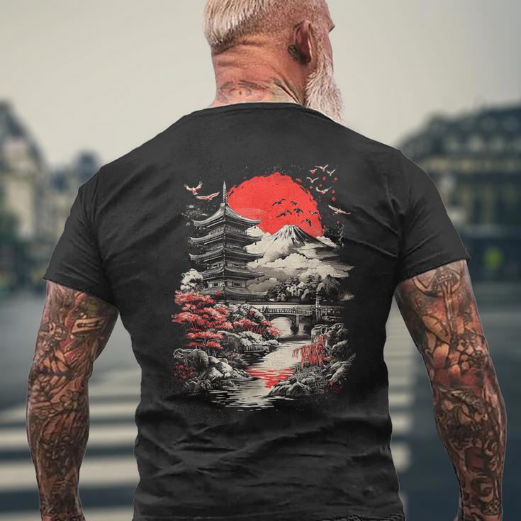 日本塔 富士山 桜 風景 ヴィンテージ メンズTシャツ バックプリント 高齢者への贈り物