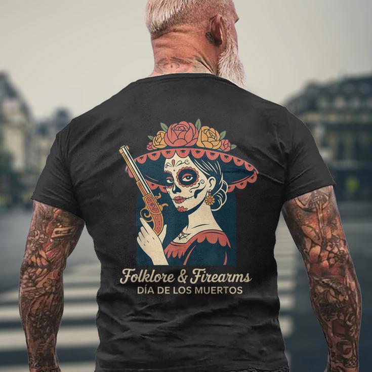 民間伝承・銃器 カラベラ・カトリーナ ディア・デ・ロス・ムエルトス メンズTシャツ バックプリント 高齢者への贈り物