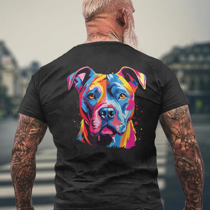 水彩のカラフルなアメリカン ピット ブル テリア犬 メンズTシャツ バックプリント 高齢者への贈り物