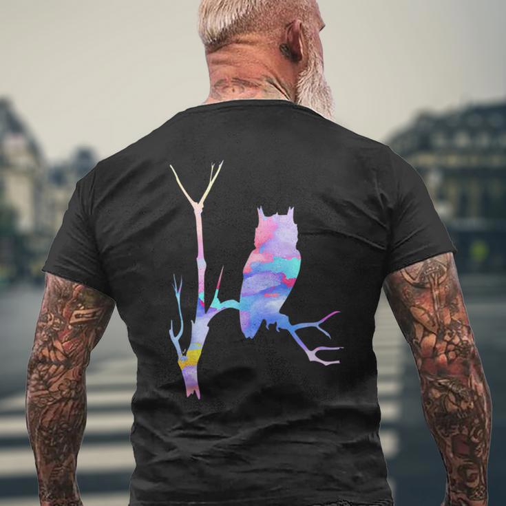 水彩フクロウsiitingツリーバードウォッチングアートバード メンズTシャツ バックプリント 高齢者への贈り物