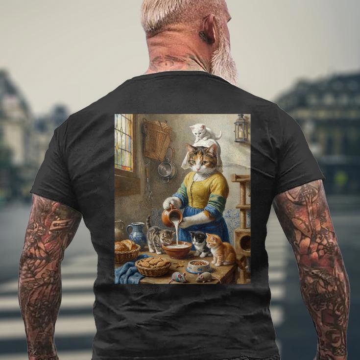 牛乳を注ぐ猫 フェルメール風 名画パロディ 油絵アート 可愛い子猫 おもしろ 猫好き メンズTシャツ バックプリント 高齢者への贈り物