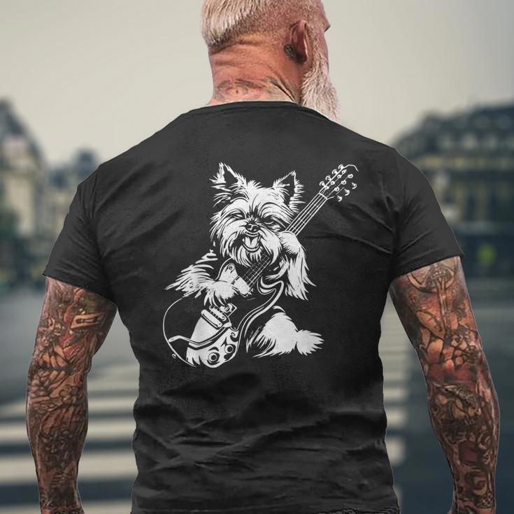 犬 ギタリスト ギター ティーカップ ヨーキー パパ ママ メンズTシャツ バックプリント 高齢者への贈り物
