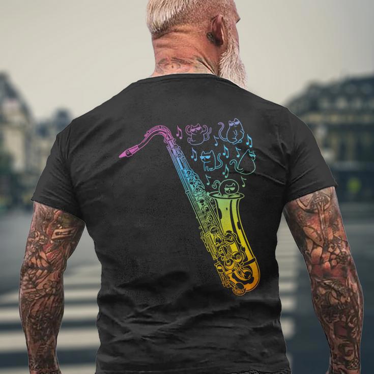 猫とサックスのサクソフォン楽器 メンズTシャツ バックプリント 高齢者への贈り物
