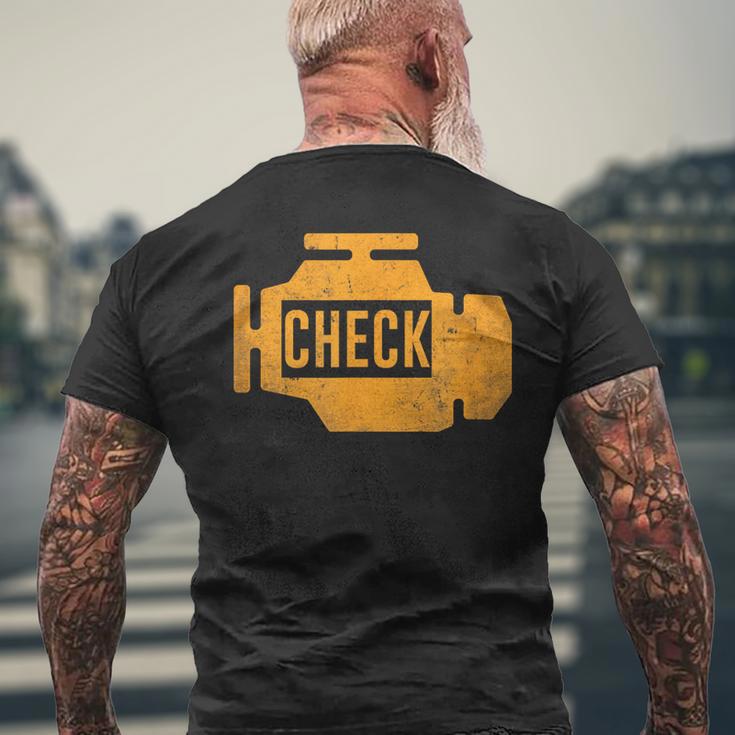 琥珀色の車のエンジンダッシュボード警告灯 面白いメカニック メンズTシャツ バックプリント 高齢者への贈り物