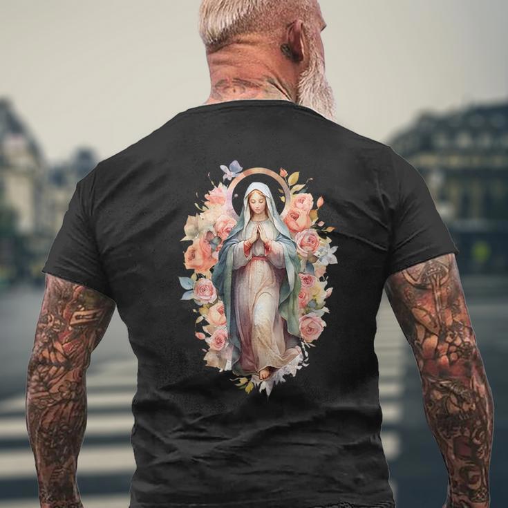 祝福された母 マリア イエスの母 バラ 聖母 カトリック メンズTシャツ バックプリント 高齢者への贈り物