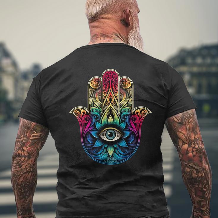 邪眼 呪い 保護 ハムサの手、目を見る邪眼 メンズTシャツ バックプリント 高齢者への贈り物