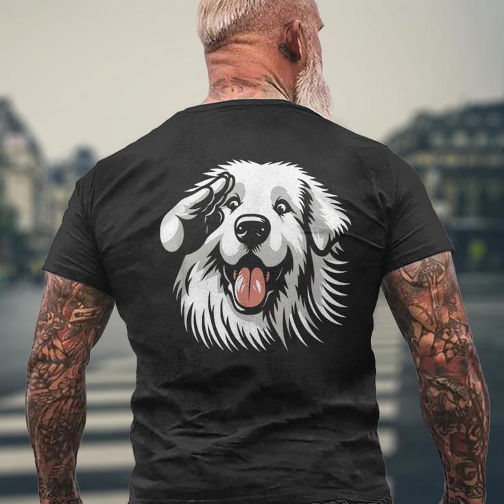 面白いグレート ピレニーズの顔の犬のグラフィック デザイン メンズTシャツ バックプリント 高齢者への贈り物