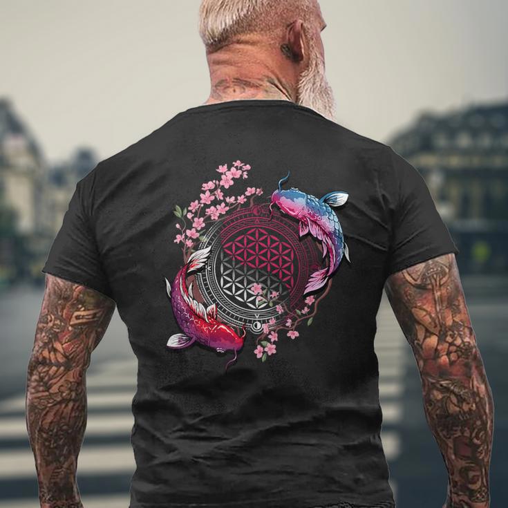 鯉魚フラワーオブライフ神聖幾何学桜アート メンズTシャツ バックプリント 高齢者への贈り物