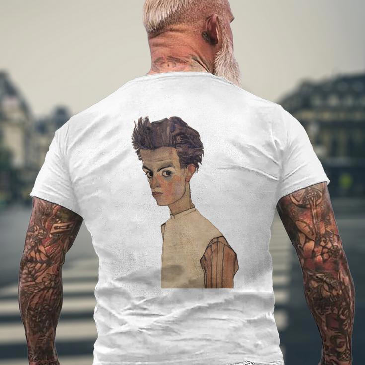 エゴン・シーレ作1910ストライプシャツの自画像 メンズTシャツ バックプリント 高齢者への贈り物