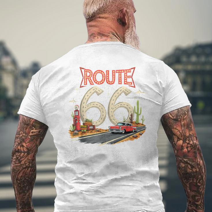 クラシック レトロ ルート66 砂漠の情景 赤 ヴィンテージ 車 メンズTシャツ バックプリント 高齢者への贈り物