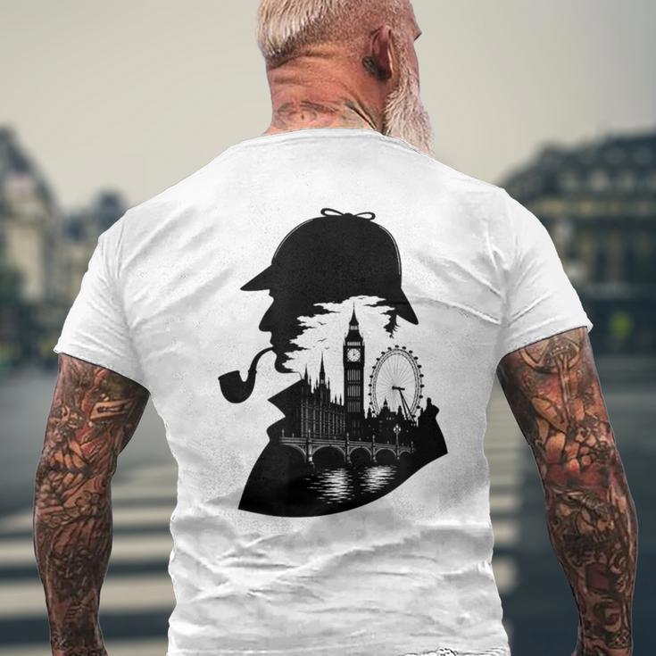シャーロックホームズ&ロンドンのスカイラインシルエットギフト メンズTシャツ バックプリント 高齢者への贈り物