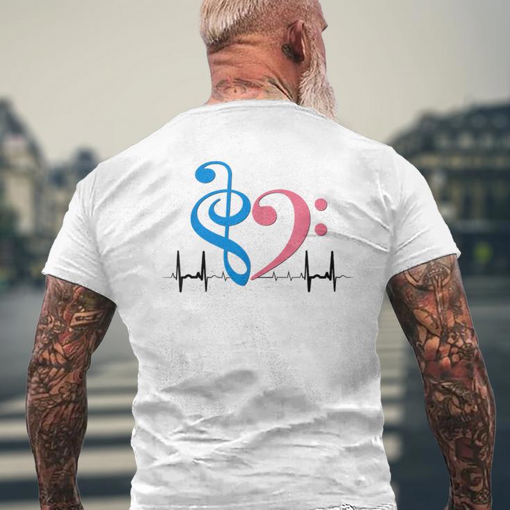 ツートーン 低音記号 ハート Ekg ウェーブ シアン&バブルガム ピンク メンズTシャツ バックプリント 高齢者への贈り物