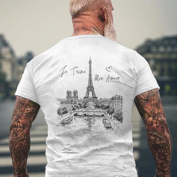 パリ エッフェル塔 スケッチ 街並み アート お土産 メンズTシャツ バックプリント 高齢者への贈り物