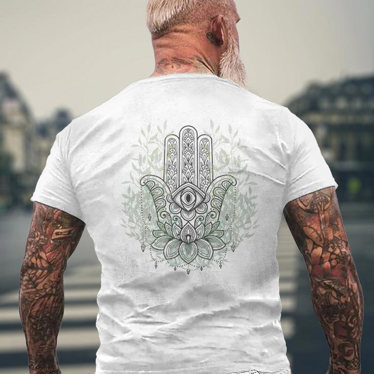 ファティマ・ハムサの手、難解なヨガ瞑想 メンズTシャツ バックプリント 高齢者への贈り物